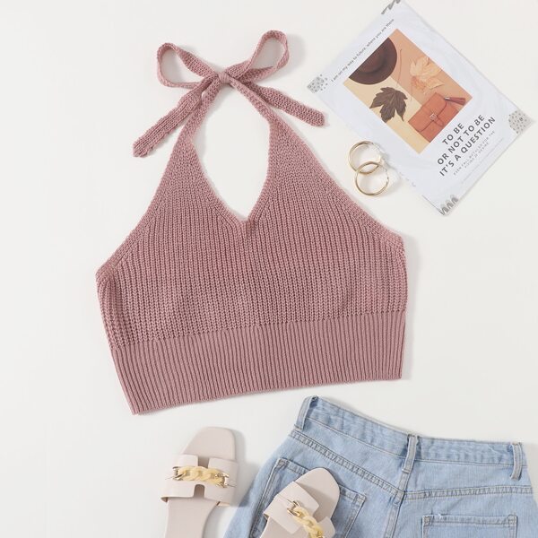 

Plus Solid Tie Back Halter Knit Top, Dusty pink