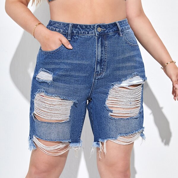 

Plus Raw Hem Ripped Denim Shorts, Medium wash