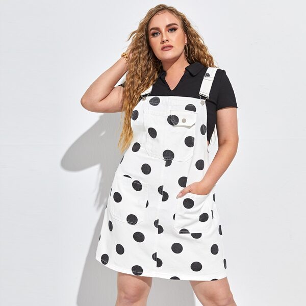 

Plus Patch Pocket Polka Dot Overall Denim Dress, White