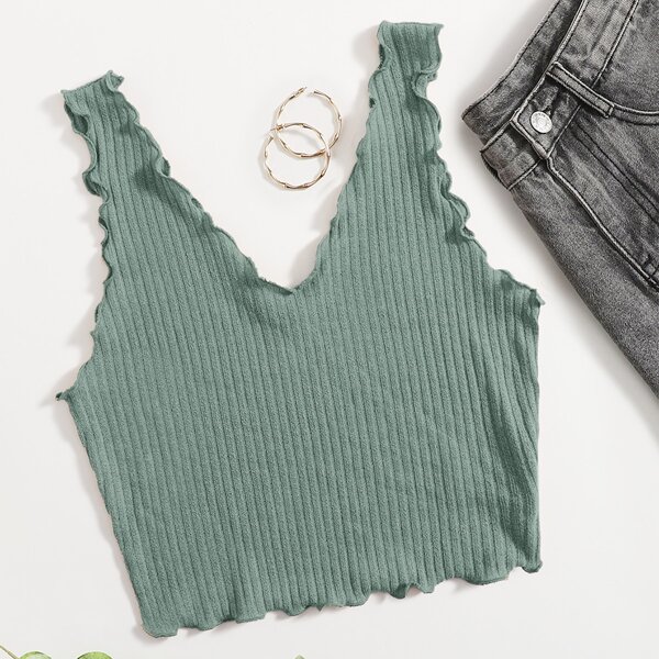 

Solid Rib-knit Lettuce Trim Tank Top, Mint green