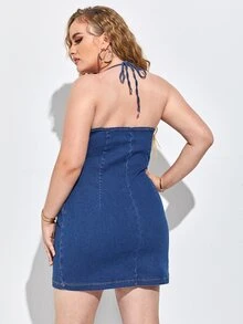 大碼繞頸後繫帶牛仔洋裝 - 中等水洗藍 - 查看 2