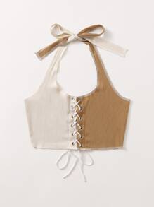 休閒打結 繫帶 羅紋針織 拼接細邊撞色女士背心 - 彩色 - 查看 1