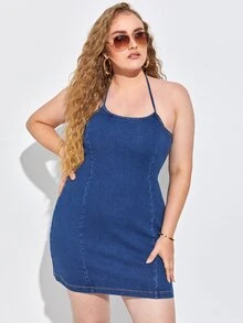 大碼繞頸後繫帶牛仔洋裝 - 中等水洗藍 - 查看 4