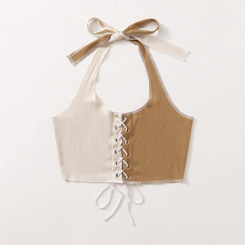 

Stitching Trim Two Tone Lace Up Halter Top, Multicolor