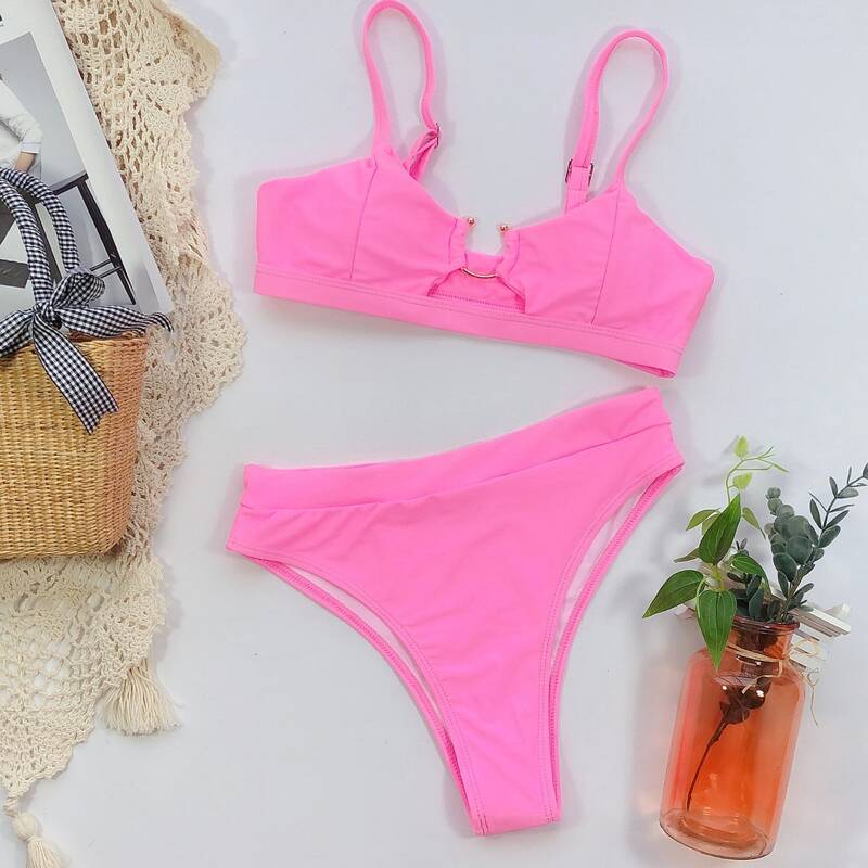 

Ring Linked High Waisted Bikini Swimsuit, Pink