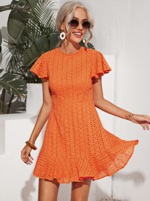 SHEIN 蝴蝶袖荷葉邊下擺網眼刺繡連衣裙 - 橘色 - 查看 1