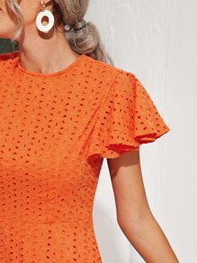 SHEIN 蝴蝶袖荷葉邊下擺網眼刺繡連衣裙 - 橘色 - 查看 3