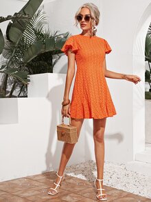 SHEIN 蝴蝶袖荷葉邊下擺網眼刺繡連衣裙 - 橘色 - 查看 4