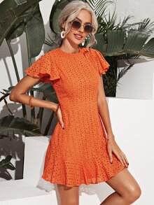 SHEIN 蝴蝶袖荷葉邊下擺網眼刺繡連衣裙 - 橘色 - 查看 5