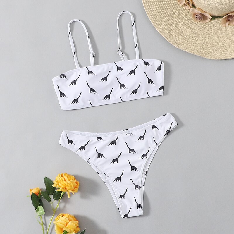 

Cartoon Dinosaur Bikini Swimsuit, Black and white