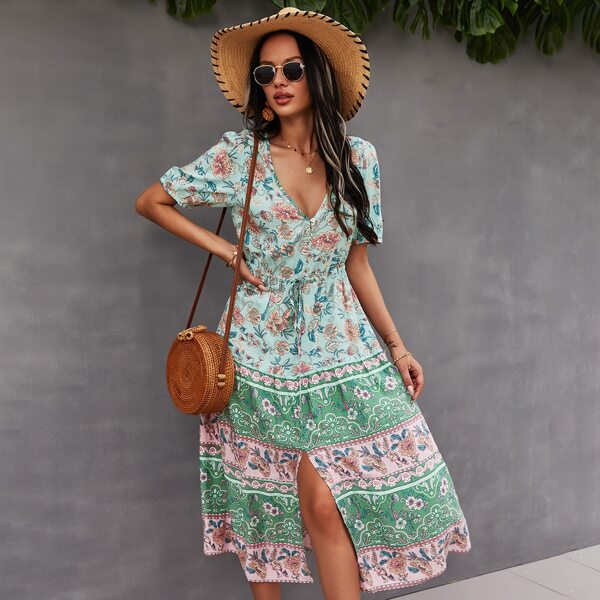 

Button Detail Split Hem Floral Dress, Multicolor