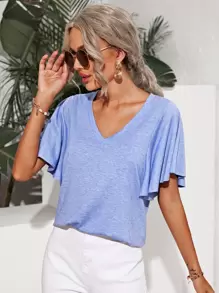 SHEIN LUNE Butterfly Sleeve Solid Tee - Blue - View 1
