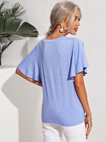 SHEIN LUNE Butterfly Sleeve Solid Tee - Blue - View 2