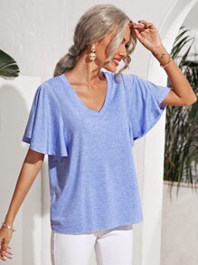 SHEIN LUNE Butterfly Sleeve Solid Tee - Blue - View 3