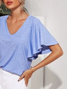 SHEIN LUNE Butterfly Sleeve Solid Tee - Blue - View 5
