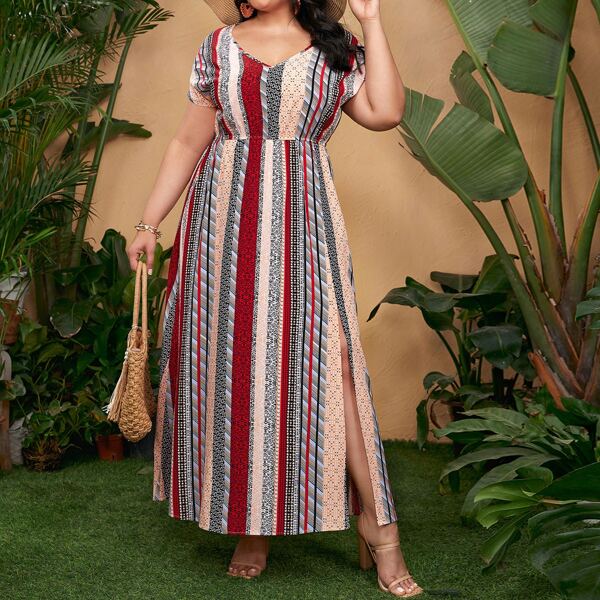 

Plus Striped Split Thigh A-line Dress, Multicolor