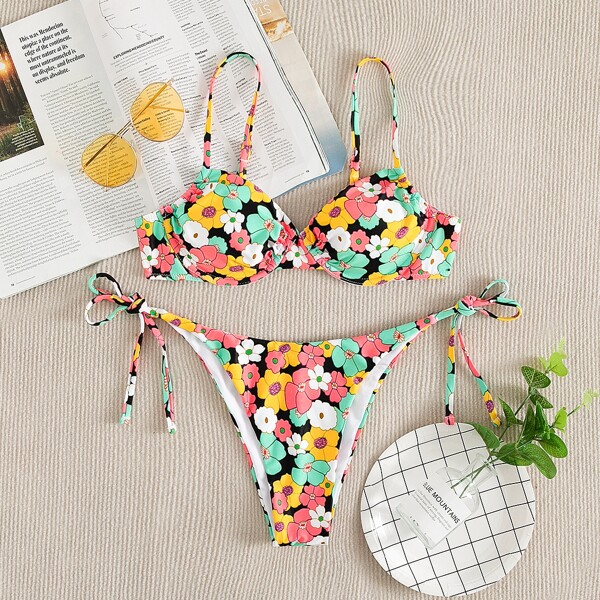 

Floral Underwire Tie Side Bikini Swimsuit, Multicolor