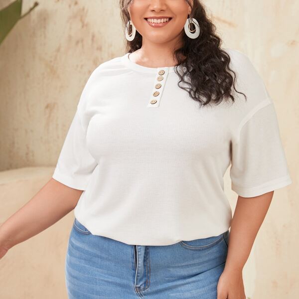 

Plus Button Front Drop Shoulder Tee, White