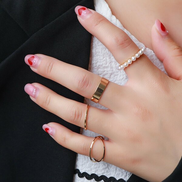 

4pcs Faux Pearl Decor Ring, Gold