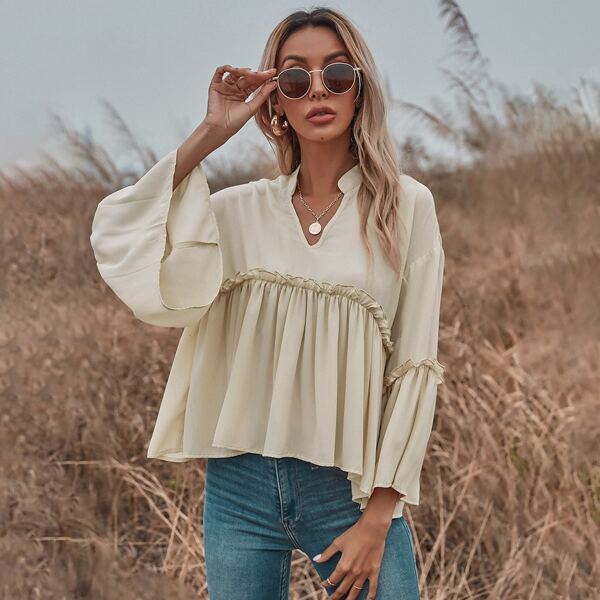 

Notch Neck Frill Trim Flounce Sleeve Babydoll Blouse, Apricot