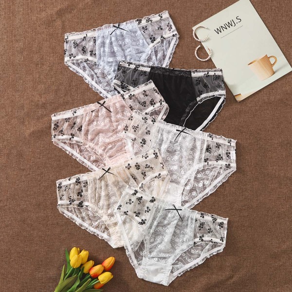 

6pack Plus Floral Print Mesh Panty Set, Multicolor