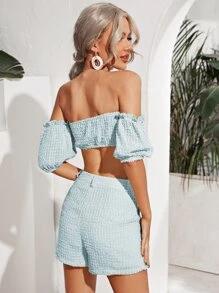 SHEIN Schulterfreies Crop Top mit Puffärmeln & Shorts Set