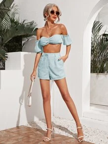 SHEIN Schulterfreies Crop Top mit Puffärmeln & Shorts Set