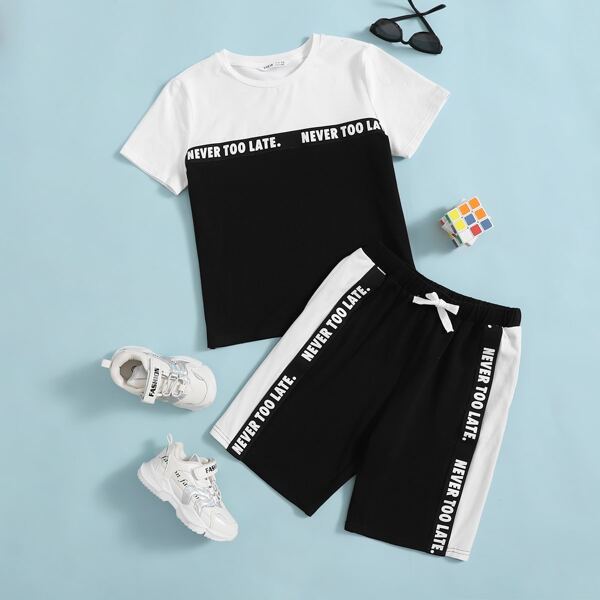 

Boys Slogan Tape Detail Colorblock Top & Shorts Set, Black and white