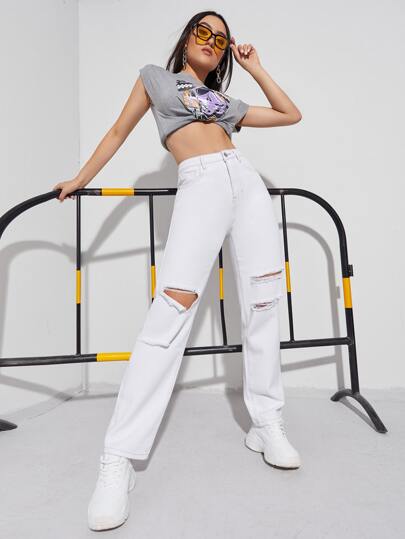 Ripped Detail Straight Leg Jeans