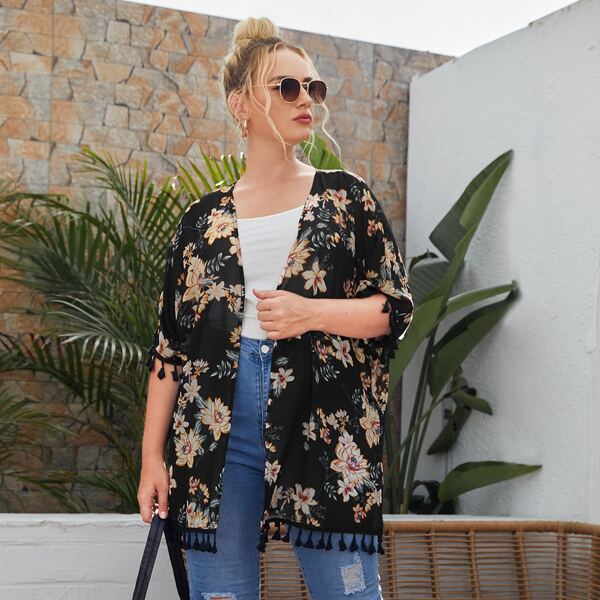 

Plus Floral Print Tassel Trim Kimono, Black
