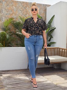 SHEIN Clasi 大碼小碎花西裝領襯衫 - 彩色 - 查看 5