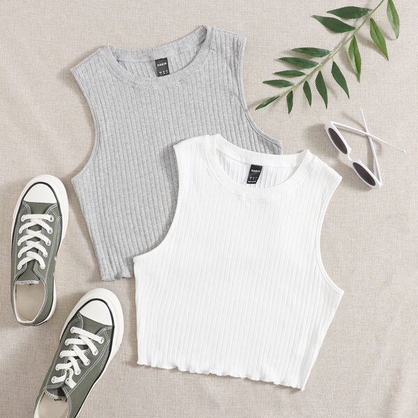 

2 Pack Lettuce Trim Rib-knit Tank Top, Multicolor