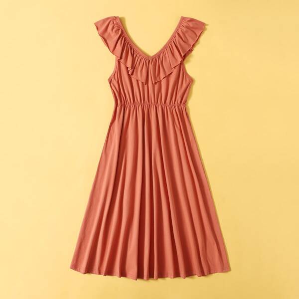 

Solid Ruffle Trim A-line Dress, Orange