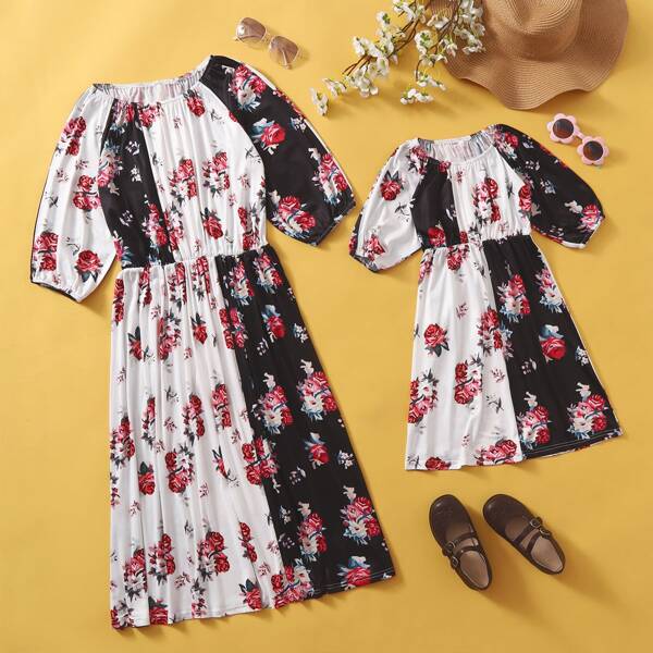 

Toddler Girls Floral Bishop Sleeve A-line Dress, Black and white