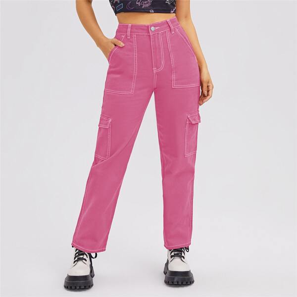 

High Waist Flap Pocket Whip Stitch Cargo Jeans, Hot pink