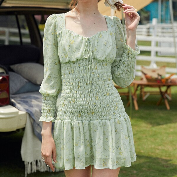

Ruched Bust Shirred Ruffle Hem Floral Dress, Mint green