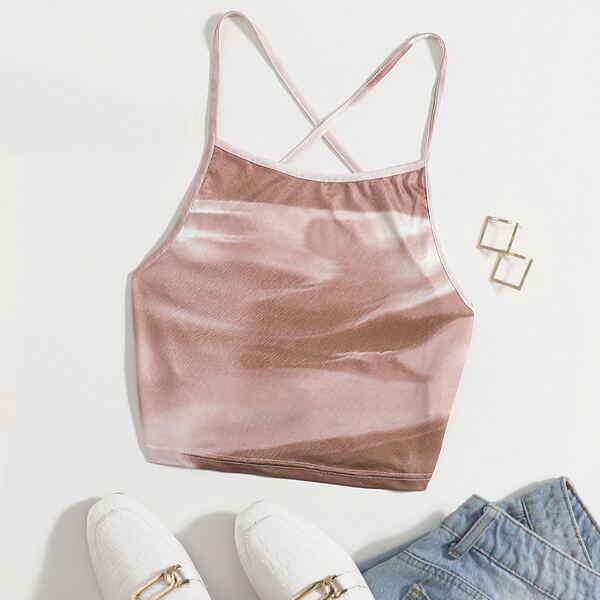 

Lace Up Backless Tie Dye Crop Top, Brown
