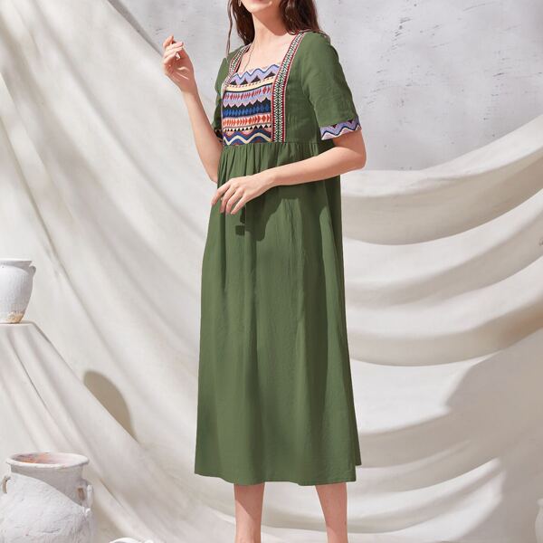 

Chevron And Geo Print Square Neck Smock Dress, Army green