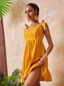 SHEIN 結飾肩荷葉邊下擺吊帶連衣裙 - 芥末黃 - 查看 1