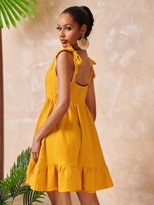 SHEIN 結飾肩荷葉邊下擺吊帶連衣裙 - 芥末黃 - 查看 2