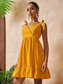 SHEIN 結飾肩荷葉邊下擺吊帶連衣裙 - 芥末黃 - 查看 3