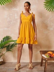 SHEIN 結飾肩荷葉邊下擺吊帶連衣裙 - 芥末黃 - 查看 4