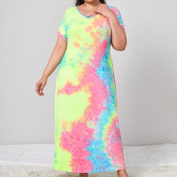 

Plus Crisscross V-neck Batwing Sleeve Tie Dye Nightdress, Multicolor