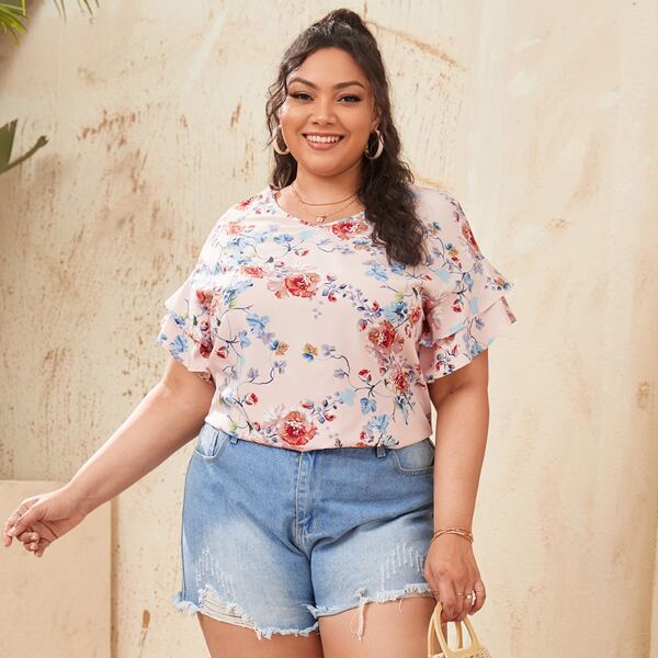 

Plus Butterfly Sleeve Floral Top, Multicolor