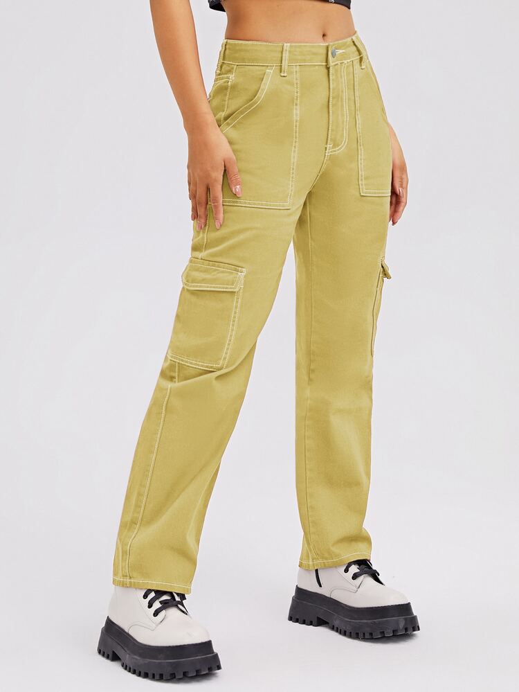 High Waist Flap Pocket Whip Stitch Cargo Jeans - Yellow - View 5