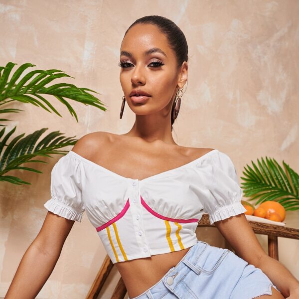 

Off Shoulder Puff Sleeve Contrast Piping Crop Blouse, White