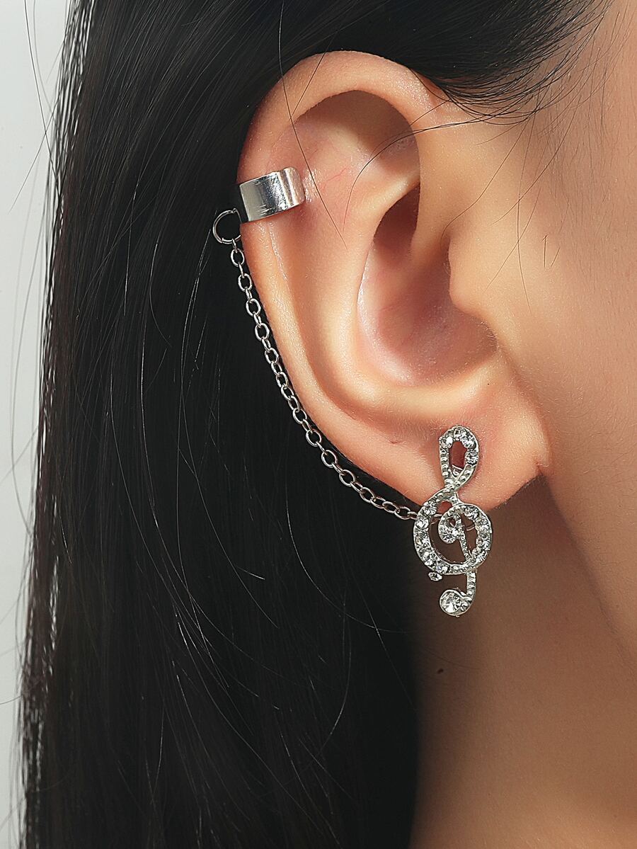 1pc Rhinestone Musical Note Decor Earring - Silver - View 1