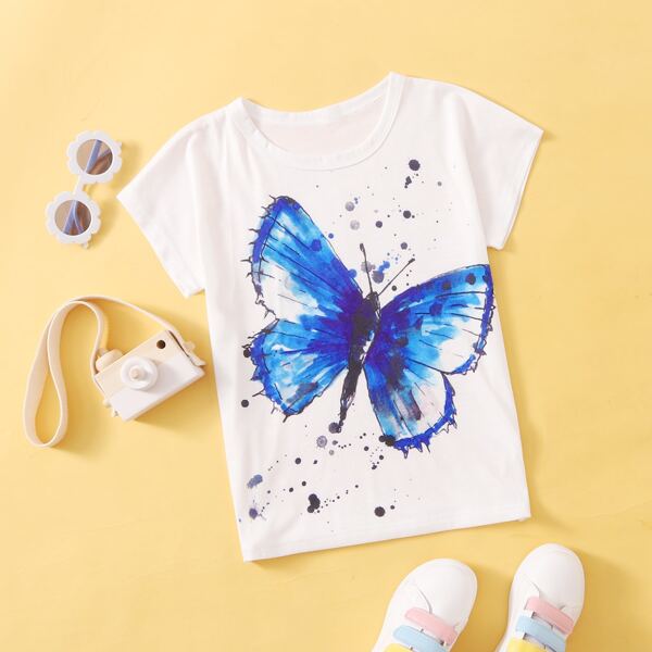 

Girls Butterfly Print Batwing Sleeve Tee, White