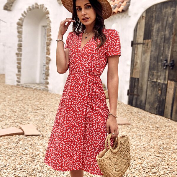 

Ditsy Floral Split Thigh A-line Dress, Red
