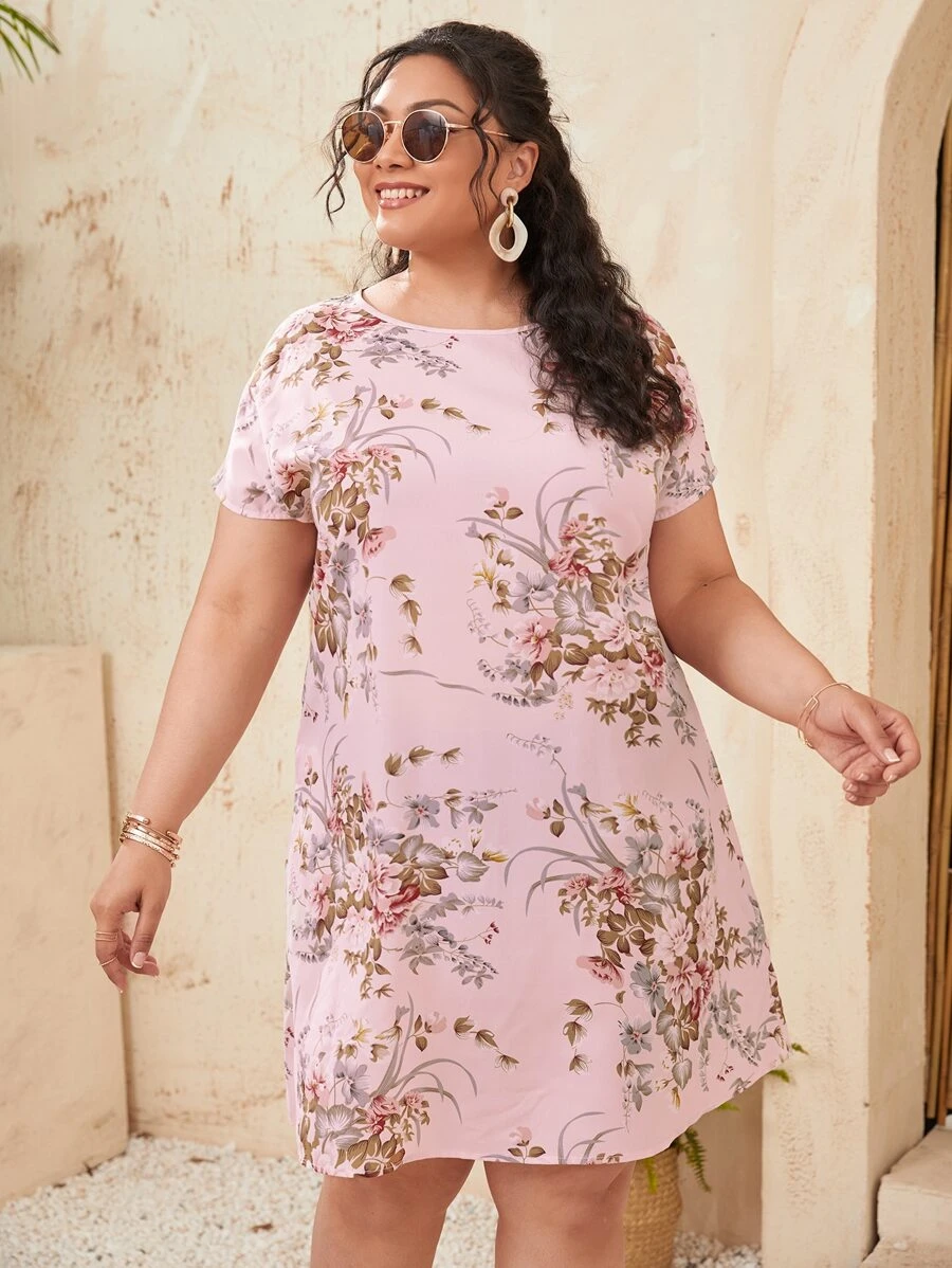 SHEIN LUNE Plus Batwing Sleeve Floral Print Dress - Baby Pink - View 1